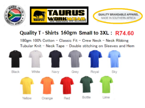 Lightweight TShirts - 100% cotton – 140 grams (Made in South Africa)
